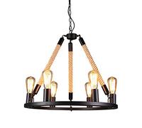 MMRTDJDR Traditional 6-lights E27 Lamp-Base Hemp Rope Industrial Chandelier, Style Wrought Iron Restaurant Decoration Living Room Bar Clothing Light ORB Black Ancient Paint Process Ceiling Lamp Fixtu