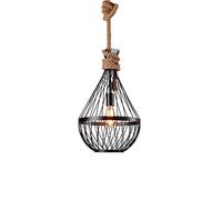 MMRTDJDR Traditional Country Barn Nautical Pendant Iron Line Cage Lantern Hanging Lighting Vintage 15.7" Metal Hollow Shade Black Industrial Hemp Rope Ceiling Light for Living Dining Room Bar Fixture