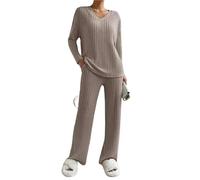 MMRTDJDR Womens pyjamas Autumn Winter Women Pajamas V Neck Pullover Trousers Sets Comfortable Solid Color Casual Fashion Temperament Set-V-Khaki-L 50-55Kg