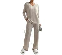 MMRTDJDR Womens pyjamas Autumn Winter Women Pajamas V Neck Pullover Trousers Sets Comfortable Solid Color Casual Fashion Temperament Set-V-Apricot-L 50-55Kg