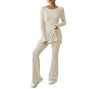 MMRTDJDR Womens pyjamas Autumn Winter Women Pajamas V Neck Pullover Trousers Sets Comfortable Solid Color Casual Fashion Temperament Set-O-Beige-Xl 55-60Kg