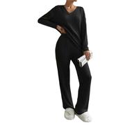 MMRTDJDR Womens pyjamas Autumn Winter Women Pajamas V Neck Pullover Trousers Sets Comfortable Solid Color Casual Fashion Temperament Set-V-Black-Xl 55-60Kg