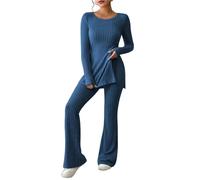 MMRTDJDR Womens pyjamas Autumn Winter Women Pajamas V Neck Pullover Trousers Sets Comfortable Solid Color Casual Fashion Temperament Set-O-Dark Blue-S 40-45Kg