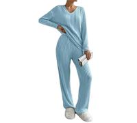 MMRTDJDR Womens pyjamas Autumn Winter Women Pajamas V Neck Pullover Trousers Sets Comfortable Solid Color Casual Fashion Temperament Set-V- Blue-S 40-45Kg