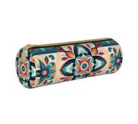 MMSJSBVY Arabic Indian Checked Pattern Cylinder Pencil Storage Bag, Leather Pencil Pouch, Lovely Large Capacity, Suitable for Students Office Travel Make-Up Brush Storage with Zip
