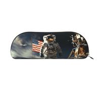 MMSJSBVY Astronaut Landing On The Moon Leather Pencil Pouch - Half Round Organizer with Zipper for Pens, Cosmetics and Travel