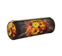 MMSJSBVY Autumn Flowers Haystack Pumpkin Cylinder Pencil Storage Bag, Leather Pencil Pouch, Lovely Large Capacity, Suitable for Students Office Travel Make-Up Brush Storage with Zip