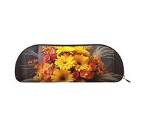 MMSJSBVY Autumn Flowers Haystack Pumpkin Leather Pencil Pouch - Half Round Organizer with Zipper for Pens, Cosmetics and Travel