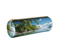 MMSJSBVY Beautiful Island in The Sea Cylinder Pencil Storage Bag, Leather Pencil Pouch, Lovely Large Capacity, Suitable for Students Office Travel Make-Up Brush Storage with Zip