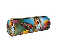 MMSJSBVY Beautiful Summer Butterfly Cylinder Pencil Storage Bag, Leather Pencil Pouch, Lovely Large Capacity, Suitable for Students Office Travel Make-Up Brush Storage with Zip