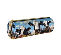 MMSJSBVY Black White Cows Cylinder Pencil Storage Bag, Leather Pencil Pouch, Lovely Large Capacity, Suitable for Students Office Travel Make-Up Brush Storage with Zip