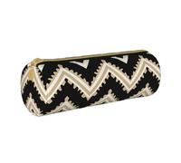 MMSJSBVY Black White Tan Zigzag Cylinder Pencil Storage Bag, Leather Pencil Pouch, Lovely Large Capacity, Suitable for Students Office Travel Make-Up Brush Storage with Zip