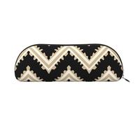 MMSJSBVY Black White Tan Zigzag Leather Pencil Pouch - Half Round Organizer with Zipper for Pens, Cosmetics and Travel