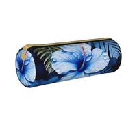 MMSJSBVY Blue Flower Tropical Cylinder Pencil Storage Bag, Leather Pencil Pouch, Lovely Large Capacity, Suitable for Students Office Travel Make-Up Brush Storage with Zip