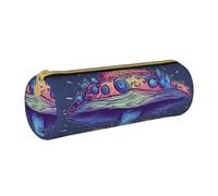 MMSJSBVY Blue Mushroom Dance Cylinder Pencil Storage Bag, Leather Pencil Pouch, Lovely Large Capacity, Suitable for Students Office Travel Make-Up Brush Storage with Zip