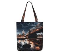 MMSJSBVY Bridge At Night Canvas Shoulder Tote Bag, Lightweight Polyester Shopping Tote, Reusable Daily Handbag For Work, School And Grocery