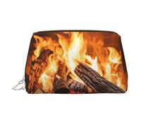 MMSJSBVY Burning Firewood Large Fireplace Leather Makeup Bag, Large-Capacity Travel Storage Bag, Dual-Purpose Toiletries and Makeup Bag