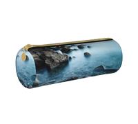 MMSJSBVY Calm Sea and Rocks Cylinder Pencil Storage Bag, Leather Pencil Pouch, Lovely Large Capacity, Suitable for Students Office Travel Make-Up Brush Storage with Zip