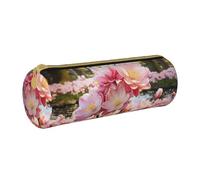 MMSJSBVY Cherry Blossom and Tulips Cylinder Pencil Storage Bag, Leather Pencil Pouch, Lovely Large Capacity, Suitable for Students Office Travel Make-Up Brush Storage with Zip