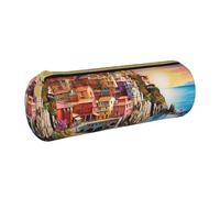 MMSJSBVY Cinque Terre Scenery Cylinder Pencil Storage Bag, Leather Pencil Pouch, Lovely Large Capacity, Suitable for Students Office Travel Make-Up Brush Storage with Zip