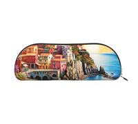 MMSJSBVY Cinque Terre Scenery Leather Pencil Pouch - Half Round Organizer with Zipper for Pens, Cosmetics and Travel