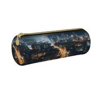 MMSJSBVY City Night View Cylinder Pencil Storage Bag, Leather Pencil Pouch, Lovely Large Capacity, Suitable for Students Office Travel Make-Up Brush Storage with Zip