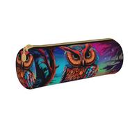 MMSJSBVY Color Owl Pattern Cylinder Pencil Storage Bag, Leather Pencil Pouch, Lovely Large Capacity, Suitable for Students Office Travel Make-Up Brush Storage with Zip