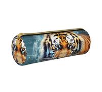 MMSJSBVY Cool Tiger Cylinder Pencil Storage Bag, Leather Pencil Pouch, Lovely Large Capacity, Suitable for Students Office Travel Make-Up Brush Storage with Zip