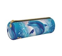 MMSJSBVY Cute Dolphin Cylinder Pencil Storage Bag, Leather Pencil Pouch, Lovely Large Capacity, Suitable for Students Office Travel Make-Up Brush Storage with Zip