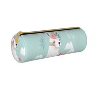 MMSJSBVY Cute Hand Drawn Llama Cylinder Pencil Storage Bag, Leather Pencil Pouch, Lovely Large Capacity, Suitable for Students Office Travel Make-Up Brush Storage with Zip