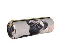 MMSJSBVY Cute Pet Pug Cylinder Pencil Storage Bag, Leather Pencil Pouch, Lovely Large Capacity, Suitable for Students Office Travel Make-Up Brush Storage with Zip