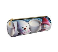 MMSJSBVY Cute Snowmen Cylinder Pencil Storage Bag, Leather Pencil Pouch, Lovely Large Capacity, Suitable for Students Office Travel Make-Up Brush Storage with Zip