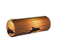 MMSJSBVY Dolphin and Sunset Cylinder Pencil Storage Bag, Leather Pencil Pouch, Lovely Large Capacity, Suitable for Students Office Travel Make-Up Brush Storage with Zip