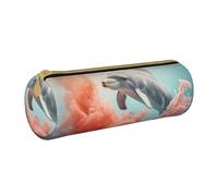MMSJSBVY Dolphin On Coral Cylinder Pencil Storage Bag, Leather Pencil Pouch, Lovely Large Capacity, Suitable for Students Office Travel Make-Up Brush Storage with Zip