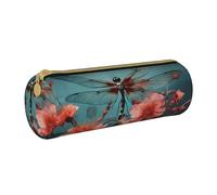 MMSJSBVY Dragonfly On The Flower Cylinder Pencil Storage Bag, Leather Pencil Pouch, Lovely Large Capacity, Suitable for Students Office Travel Make-Up Brush Storage with Zip