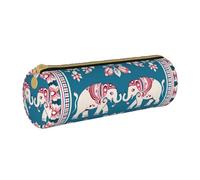 MMSJSBVY Elephant Pattern Cylinder Pencil Storage Bag, Leather Pencil Pouch, Lovely Large Capacity, Suitable for Students Office Travel Make-Up Brush Storage with Zip