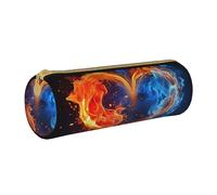 MMSJSBVY Fire and Water Heart Cylinder Pencil Storage Bag, Leather Pencil Pouch, Lovely Large Capacity, Suitable for Students Office Travel Make-Up Brush Storage with Zip