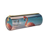 MMSJSBVY Flamingo On The Beach Cylinder Pencil Storage Bag, Leather Pencil Pouch, Lovely Large Capacity, Suitable for Students Office Travel Make-Up Brush Storage with Zip