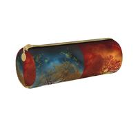 MMSJSBVY Four Season Tree of Life Cylinder Pencil Storage Bag, Leather Pencil Pouch, Lovely Large Capacity, Suitable for Students Office Travel Make-Up Brush Storage with Zip