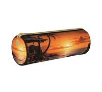 MMSJSBVY Guitar On The Beach Cylinder Pencil Storage Bag, Leather Pencil Pouch, Lovely Large Capacity, Suitable for Students Office Travel Make-Up Brush Storage with Zip