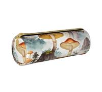 MMSJSBVY Japanese Painting Mushroom Cylinder Pencil Storage Bag, Leather Pencil Pouch, Lovely Large Capacity, Suitable for Students Office Travel Make-Up Brush Storage with Zip