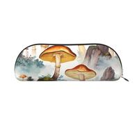 MMSJSBVY Japanese Painting Mushroom Leather Pencil Pouch - Half Round Organizer with Zipper for Pens, Cosmetics and Travel