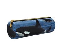 MMSJSBVY Killer Whales Swim Along Cylinder Pencil Storage Bag, Leather Pencil Pouch, Lovely Large Capacity, Suitable for Students Office Travel Make-Up Brush Storage with Zip