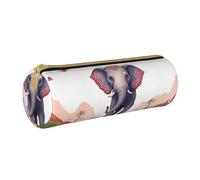 MMSJSBVY Lucky Elephant Cylinder Pencil Storage Bag, Leather Pencil Pouch, Lovely Large Capacity, Suitable for Students Office Travel Make-Up Brush Storage with Zip