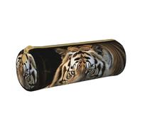 MMSJSBVY Lying Tiger Cylinder Pencil Storage Bag, Leather Pencil Pouch, Lovely Large Capacity, Suitable for Students Office Travel Make-Up Brush Storage with Zip