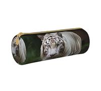 MMSJSBVY Majestic White Bengal Tiger Cylinder Pencil Storage Bag, Leather Pencil Pouch, Lovely Large Capacity, Suitable for Students Office Travel Make-Up Brush Storage with Zip