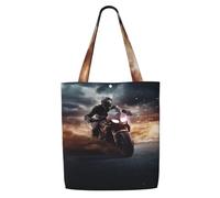 MMSJSBVY Man Ride A Motorcycle Canvas Shoulder Tote Bag, Lightweight Polyester Shopping Tote, Reusable Daily Handbag For Work, School And Grocery