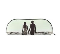 MMSJSBVY Married Couple Walking On The Beach Leather Pencil Pouch - Half Round Organizer with Zipper for Pens, Cosmetics and Travel