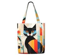MMSJSBVY Mid-Century Modern Art Cat Canvas Shoulder Tote Bag, Lightweight Polyester Shopping Tote, Reusable Daily Handbag For Work, School And Grocery