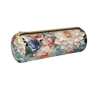 MMSJSBVY Modern Bohemia Flower Cylinder Pencil Storage Bag, Leather Pencil Pouch, Lovely Large Capacity, Suitable for Students Office Travel Make-Up Brush Storage with Zip